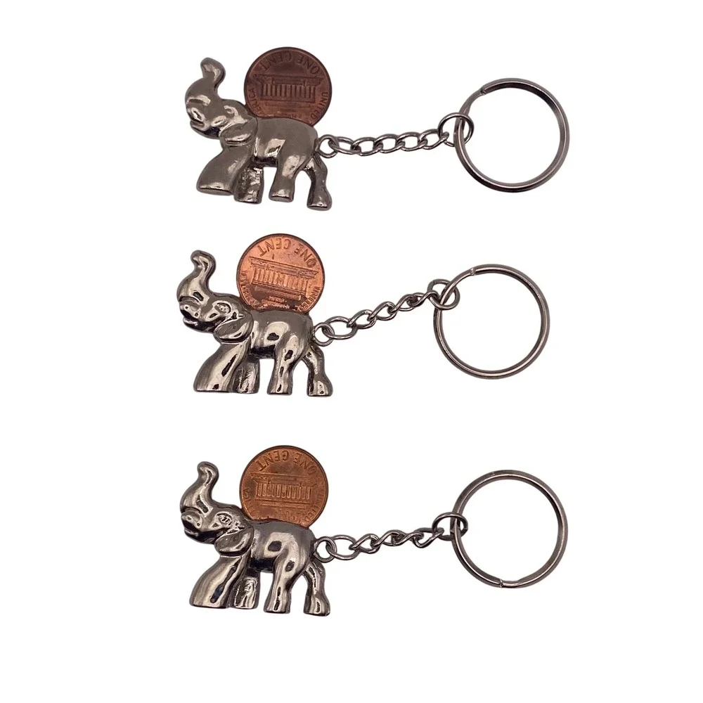 Set of 3 Vintage Silver Tone Good Luck Elephant Keychains Lucky Penny Holder